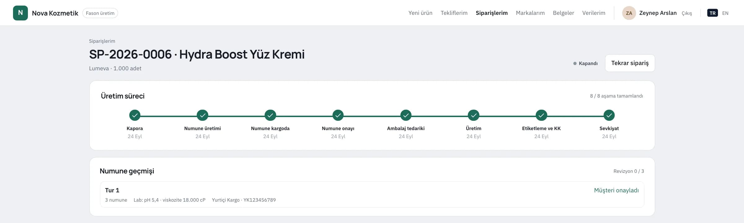 Müşteri panelinde siparişin 8 aşamalı üretim süreci ve numune geçmişi